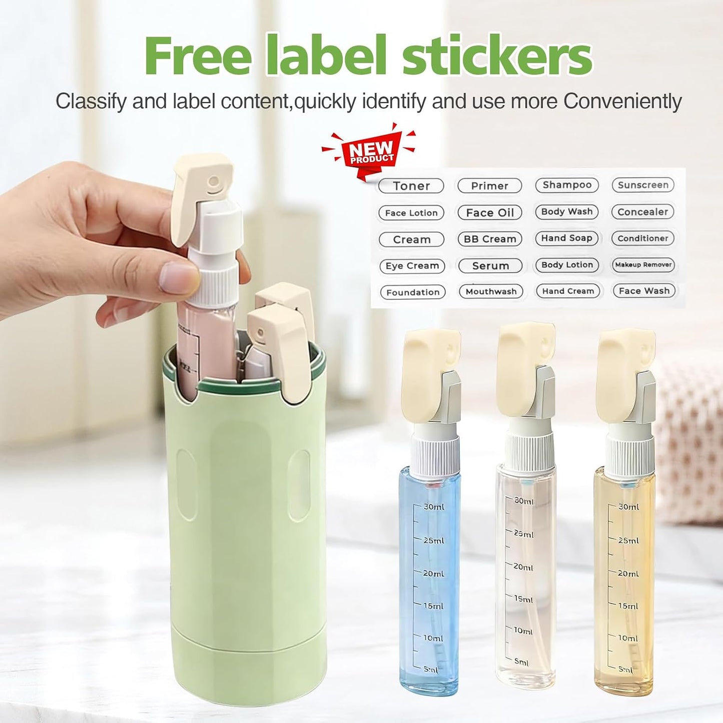 Travel Bottle Set - 4 in 1 Refillable Dispenser Bottles for Shampoo, Shower Gel & More | 30ML, Perfect for Travel & Gym