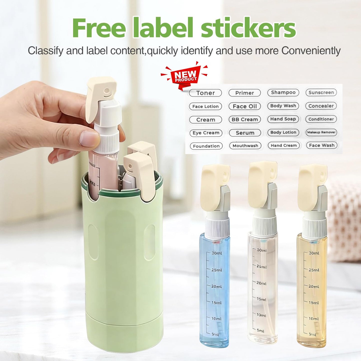 4 in 1 Travel Bottle,Travel Dispenser Bottles Refillable, 4 Pack 30ML for Storing Shampoo, Shower Gel, Laundry Detergent, Travel, Camping and Gym