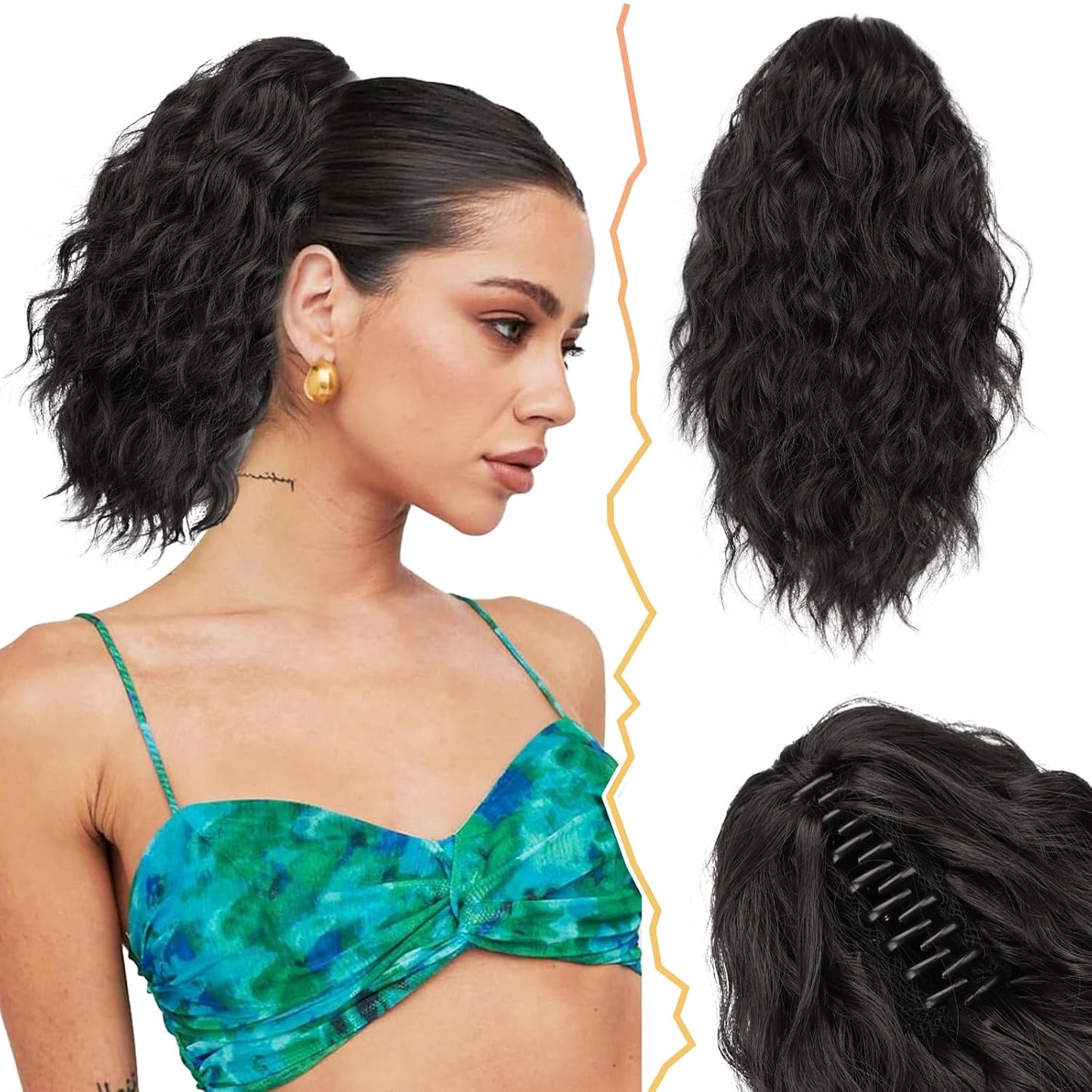Ponytail Hair Extensions - 12 Inch Claw Clip Dark Brown Curly Wavy Ponytail for Women