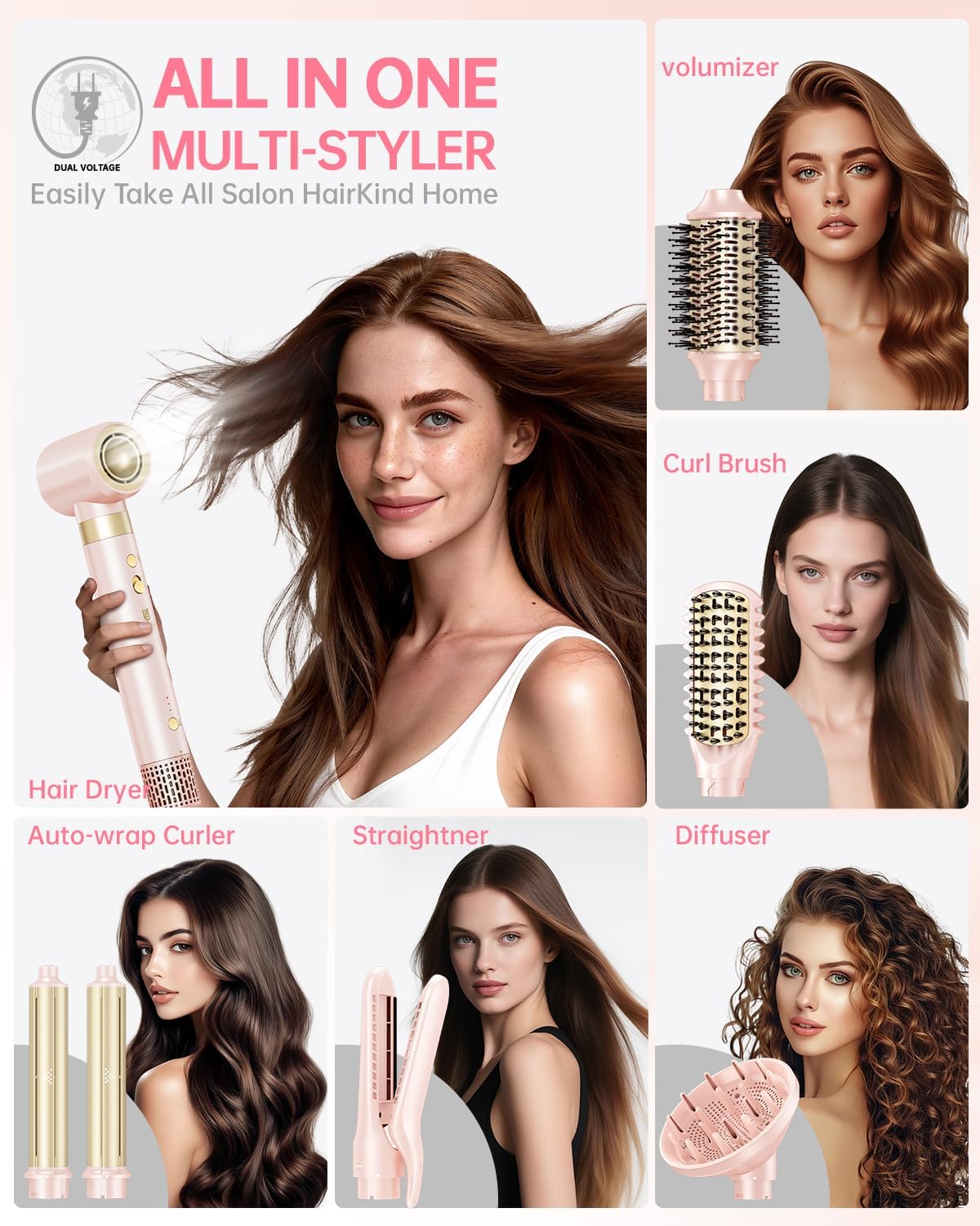 Hair Dryer Brush 8-in-1 Hot Air Styler | Fast-Drying Ionic Blow Dryer with Straightener & Curler Attachments - Pink