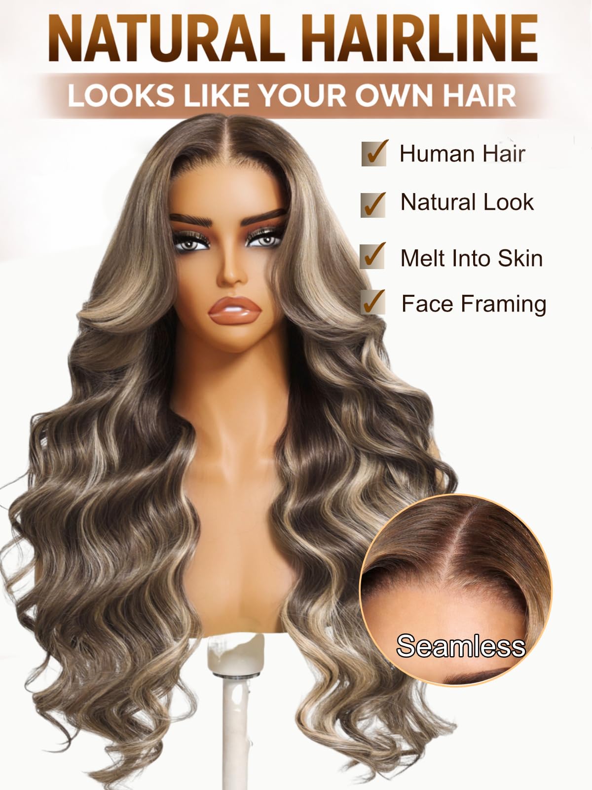 UNICE 13x4 Lace Front Wig Human Hair Body Wave,Pre-Everything Glueless Wig Pre-Plucked Pre-Cut,Ash Brown Blonde Highlight Wavy Drawstring Wig, Face Framing Layers,No Slip,Ready to Wear 16 inch