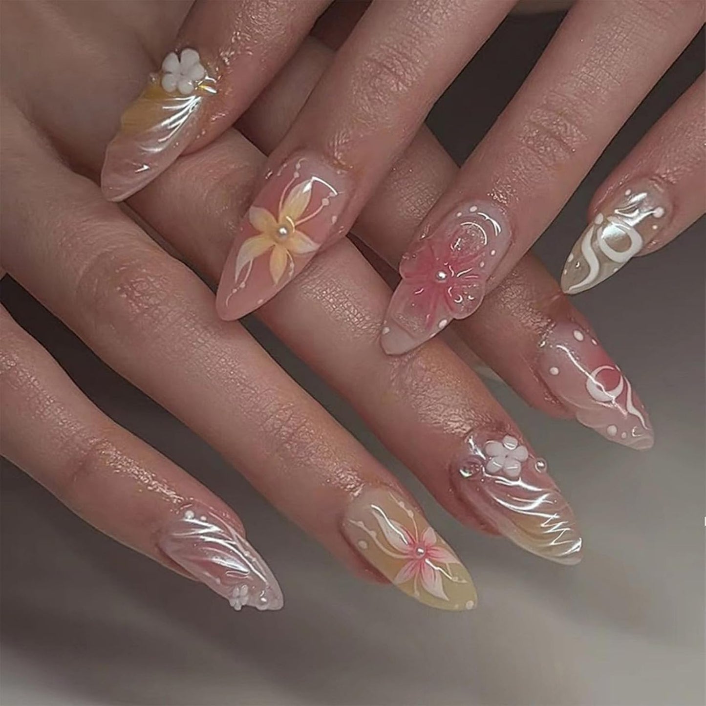 Press On Nails - Orange Almond Shape with Gold Glitter Swirl | 24 Pcs Acrylic Fake Nails for Women