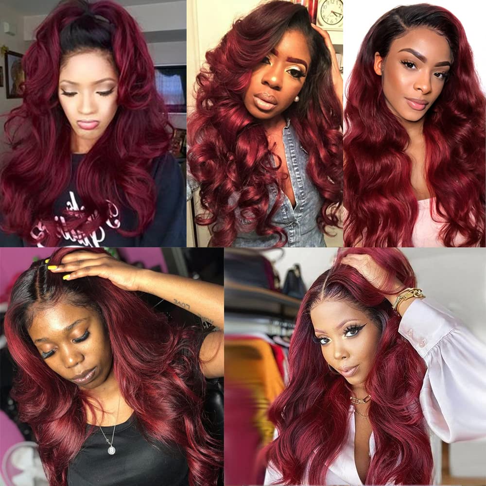 Ombre Body Wave Bundles Human Hair 99j Bundle 26 28 30 Inch 8A Grade Brazilian Virgin Hair 3 Bundles/150g Burgundy Body Wave Bundles Hair Weave