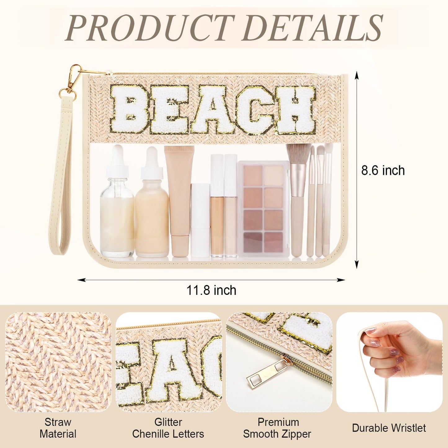 Kacctyen 6 Pcs Beach Bags Chenille Letter Straw Makeup Bag with Zipper Waterproof Cosmetic Toiletry Pouch with Handle Gym Travel Summer Gifts for Women Girls (Natural Straw, BEACH)
