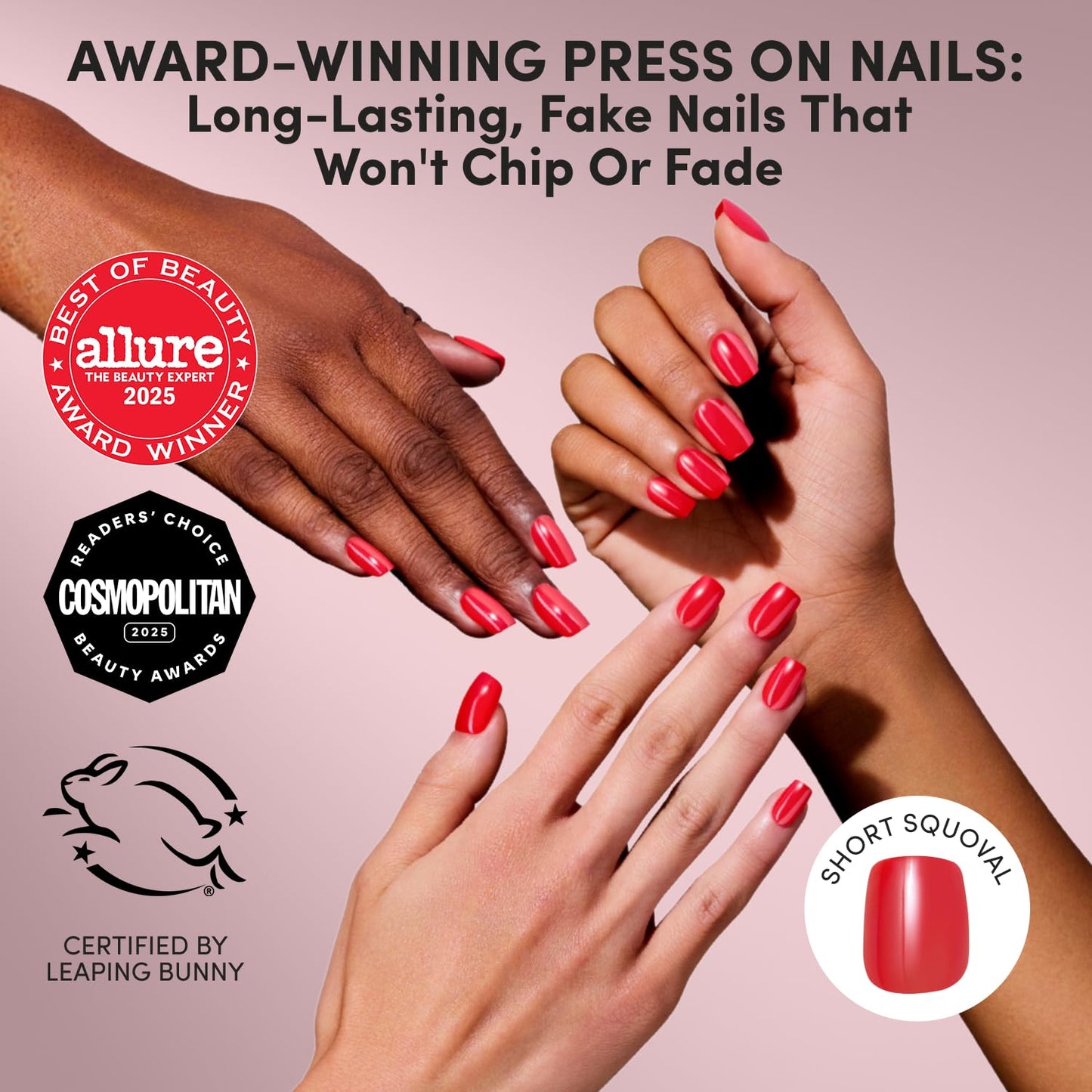 Glamnetic Press On Nails - Short Squoval Fake Nails | Glazed Red Press On Nails, Salon Quality Kit with Glue | Statement Red - 30 Nail Set in 15 Sizes
