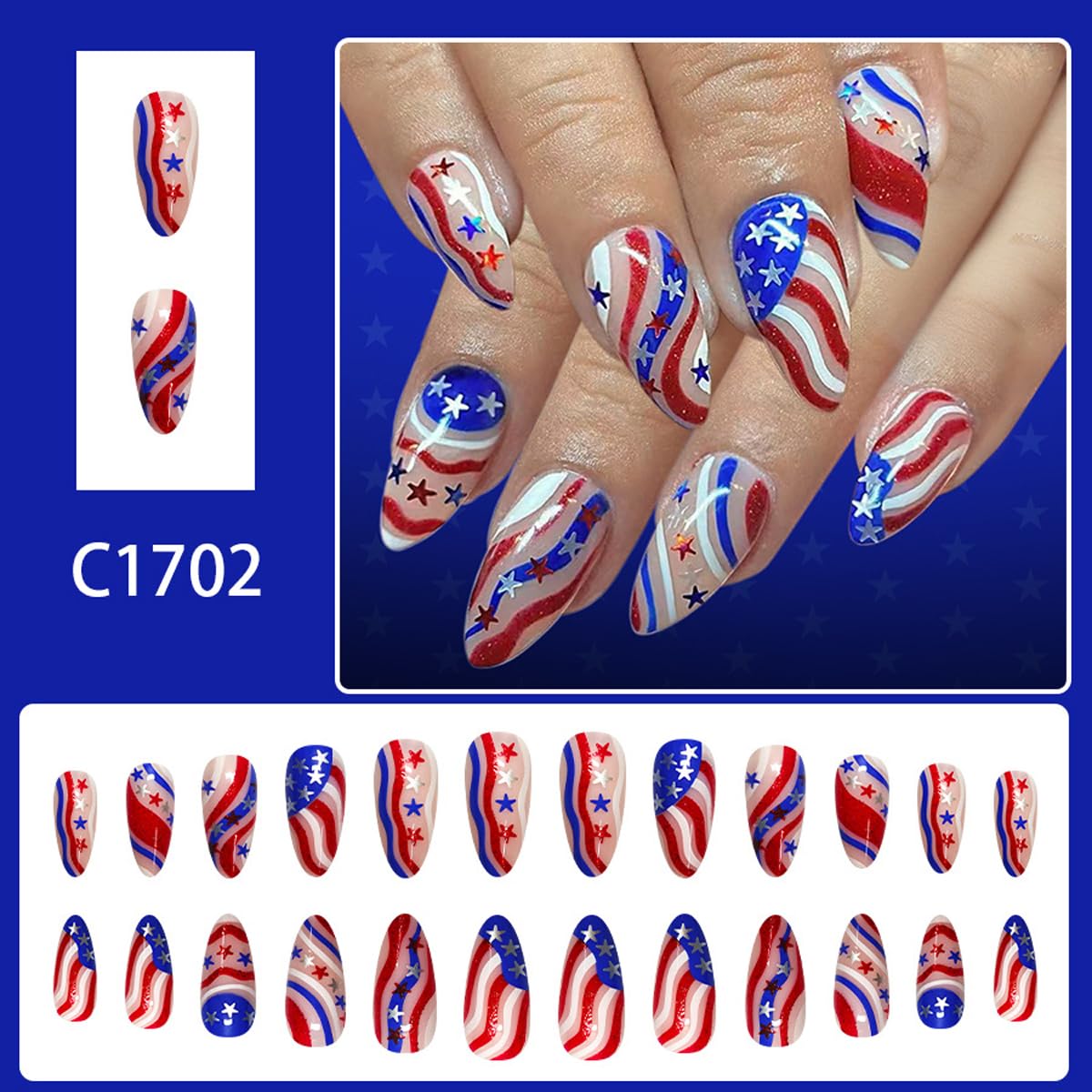 4th of July Press on Nails Medium - Almond Patriotic Fake Nails with Gingham, Star & Flower Designs, Independence Day False Nails for Women 24Pcs