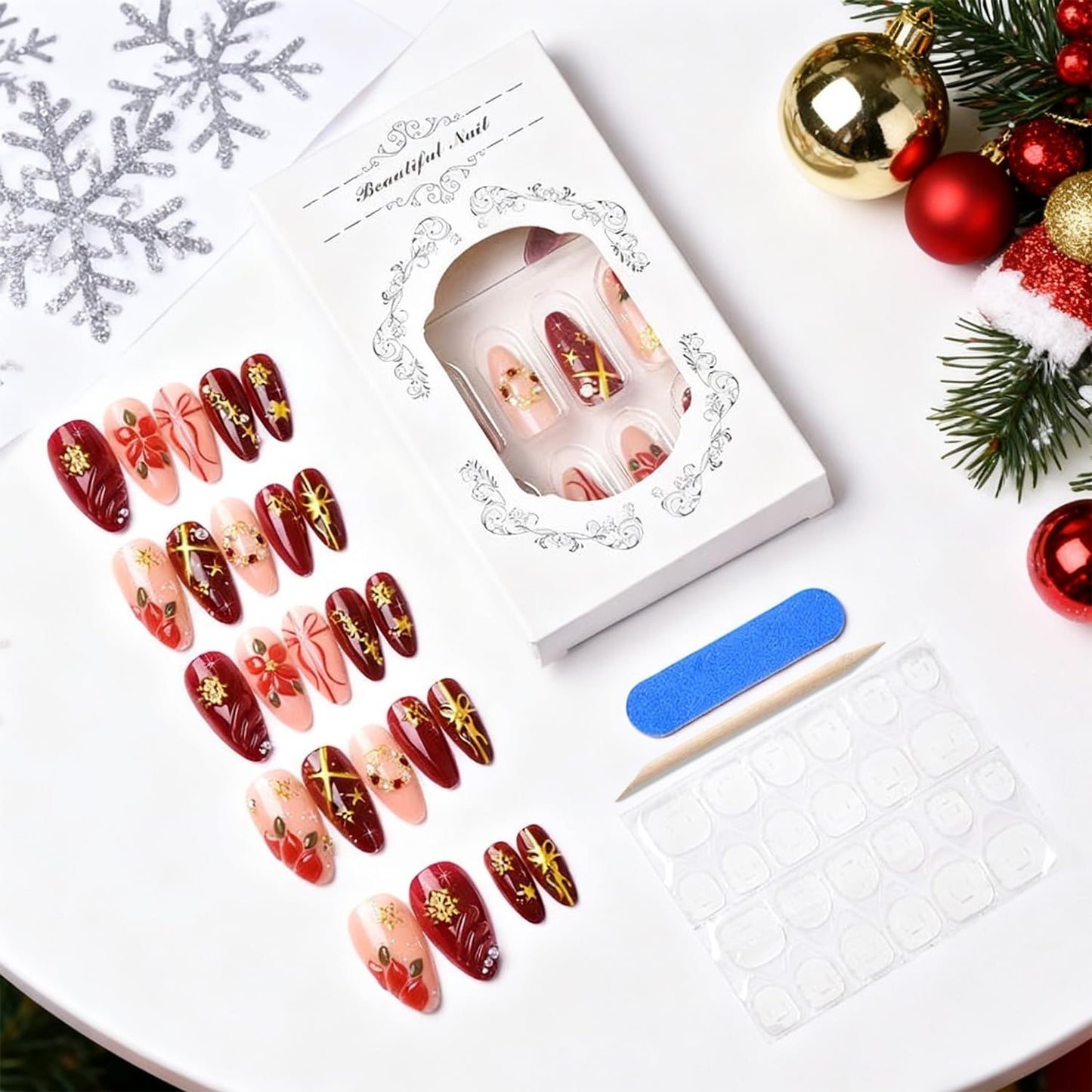 Christmas Press-On Nails - 24Pcs Medium Almond Acrylic with 3D Gold Snowflake & Floral Designs | Winter Red Full Cover