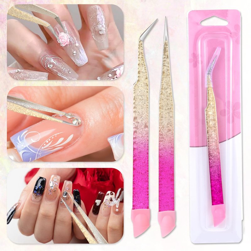 2 Pcs Double Ended Nail Art Tweezers with Silicone Pressing Head - Straight & Curved Tip Stainless Steel Tweezers for Eyelash Extensions & Nail Art Stickers