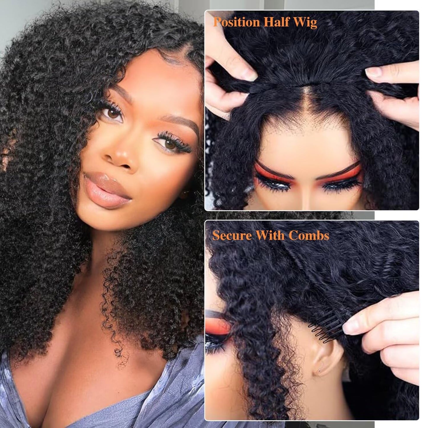 Kinky Curly Half Wig - 200 Density Human Hair | Seamless Glueless Design, 18-Inch Length, Beginner Friendly
