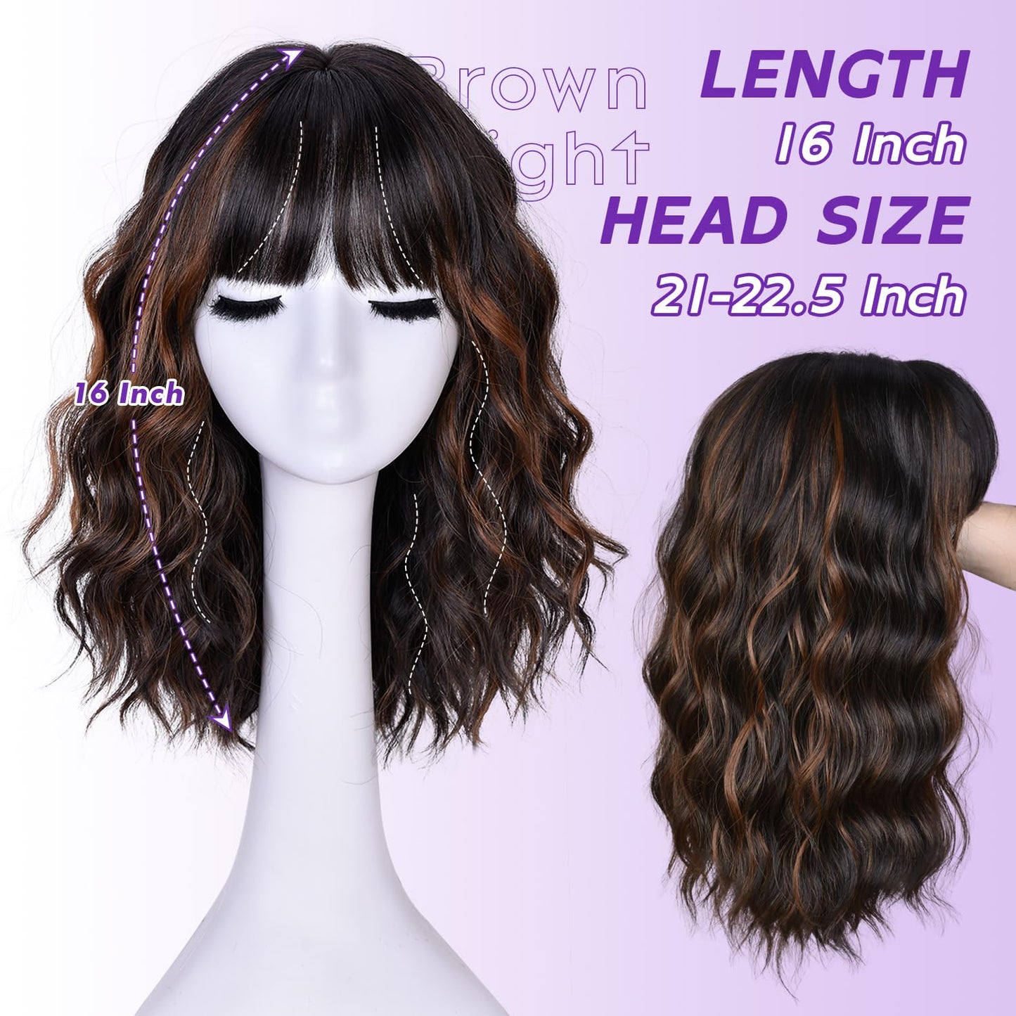 Short Wavy Wig with Bangs - Natural Curly Synthetic Hair for Daily Wear | 14-Inch Brown Highlight