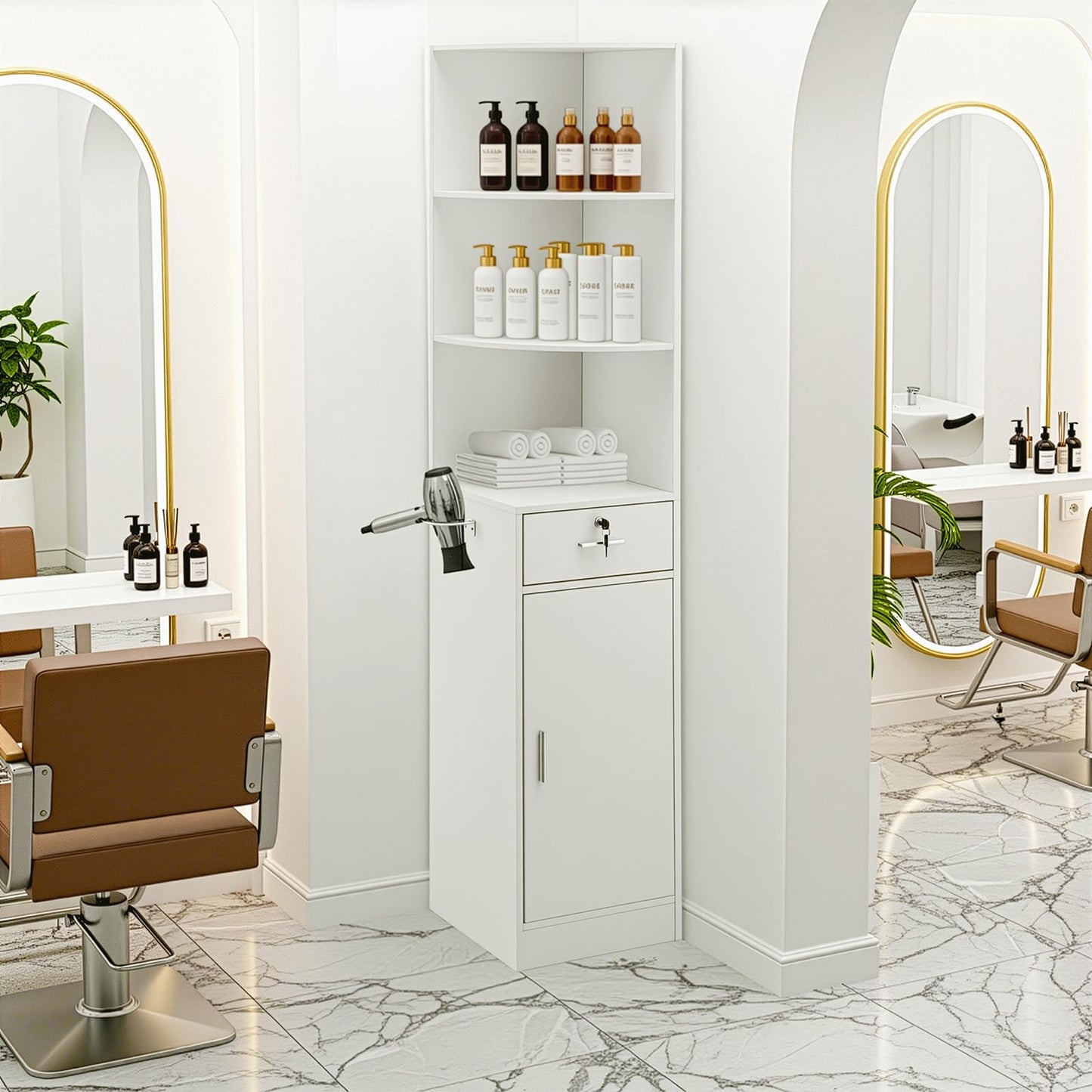 Winado Salon Corner Storage Cabinet, Wall Mount Station with Locking Drawer
