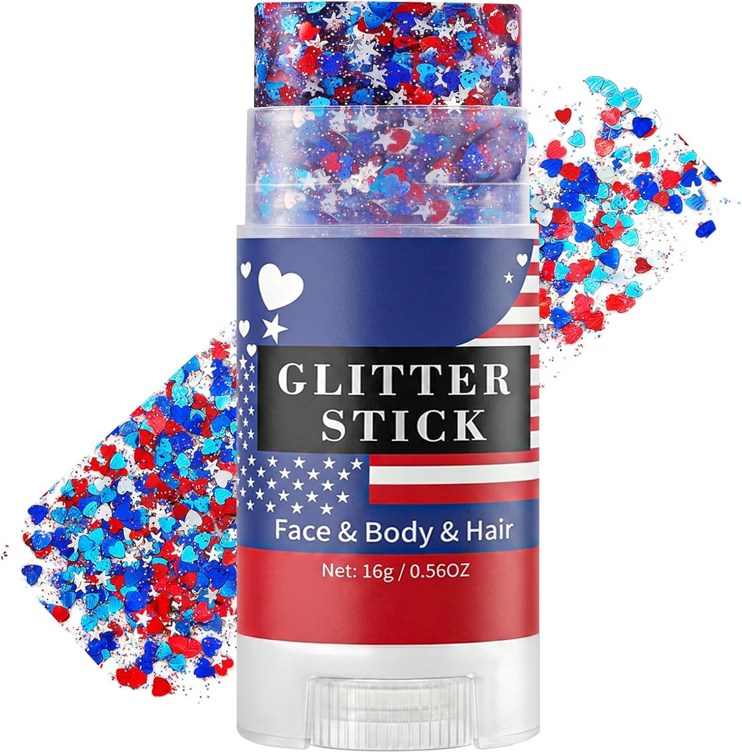 Red, White & Blue Face Glitter Stick - Patriotic USA Accessories for 4th of July | Heart & Star Sequins