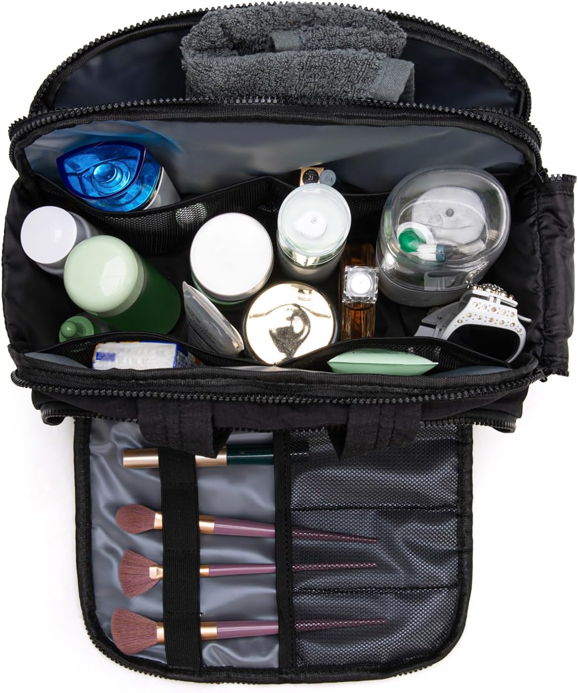 Travel Toiletry Bag for Women - Large Wide Open Puffy Makeup Organizer with Brush Holder | Waterproof, Lightweight Design