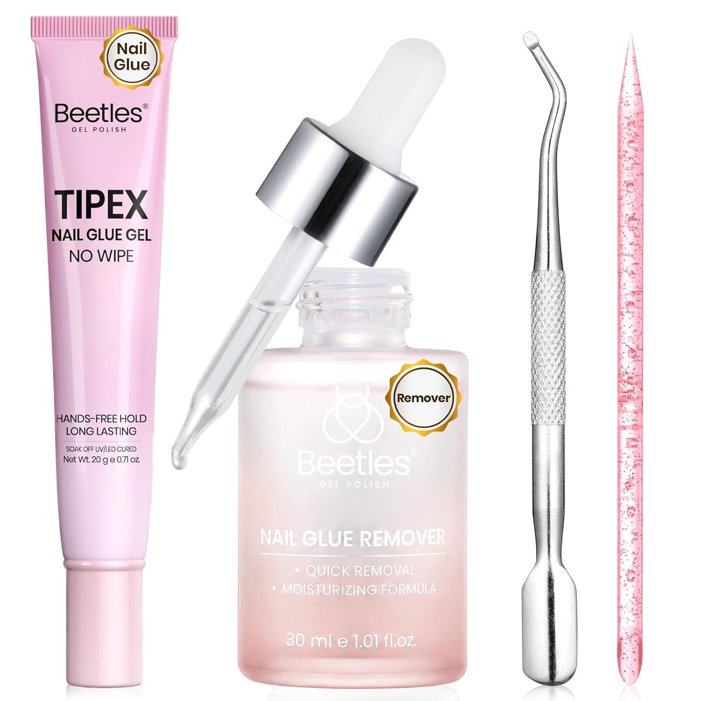 Beetles Nail Glue & Remover Kit | 20g No Wipe Hands-Free Gel for Press-On Nails - Includes 30ml Remover & Tools