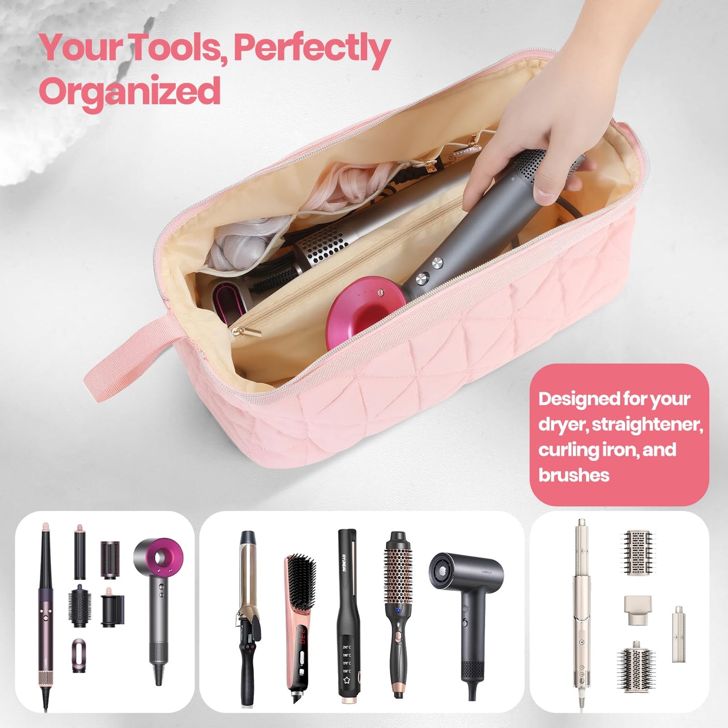 YUFIXO Hair Tools Travel Bag with Separate Heat Resistant Mat, Large Portable Organizer Bag for Women to Store Hair Dryers, Flat Irons, Curling Irons, Straighteners & Hair Accessories, Pink