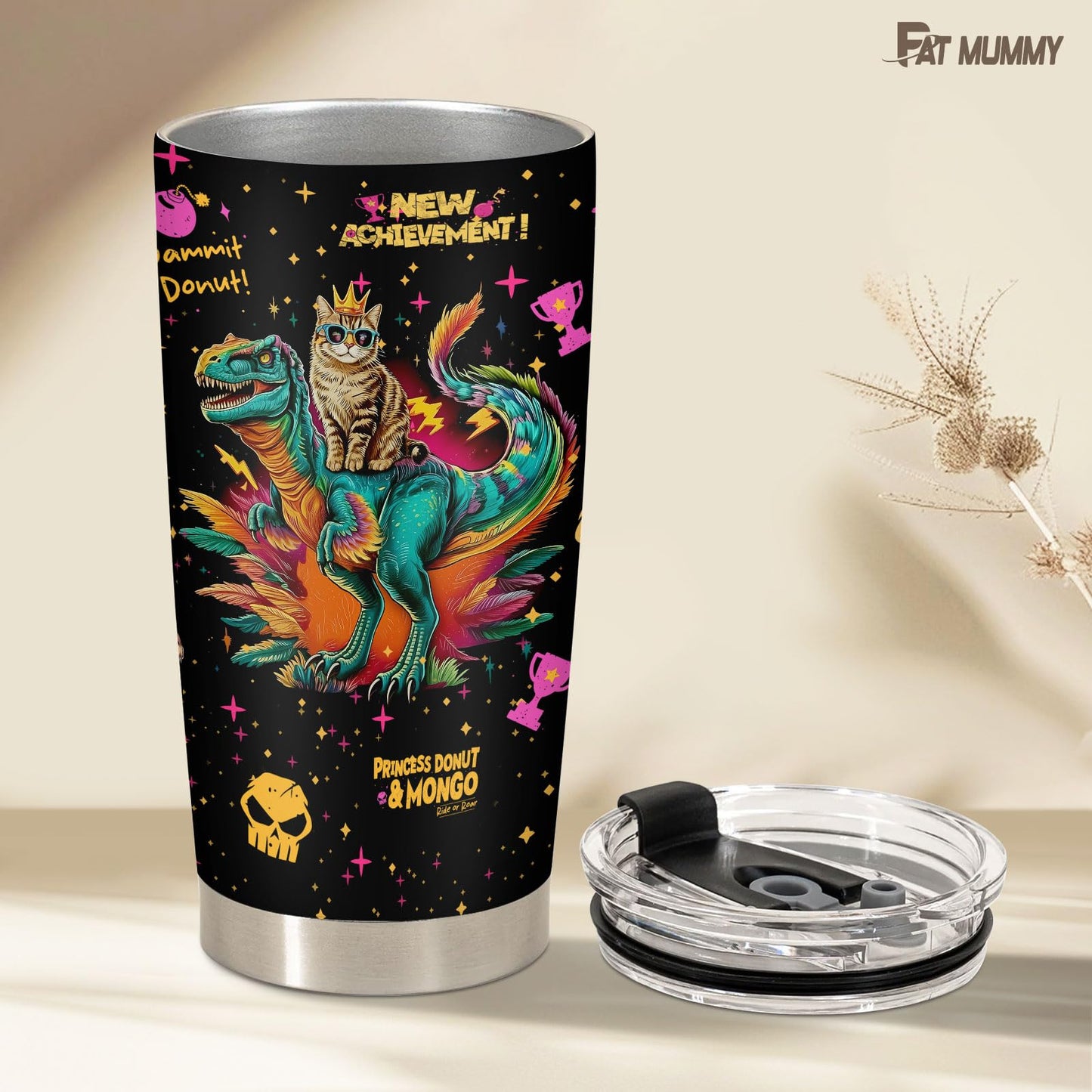 fat mummy Cat Dragon Tumbler Stainless Steel Insulated Travel Mug Gamer Book Lover Cup Funny Dungeon Style Gift for Men Women Mothers day