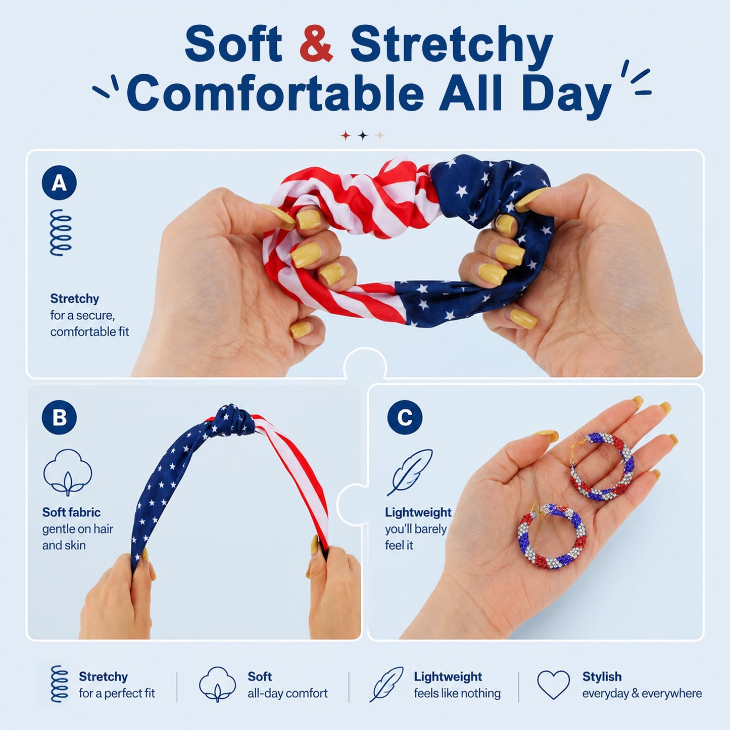 VOCOSTE 4th of July Hair Accessories for Women, Patriotic Red White Blue American Flag Bandana Headband Hair Tie Earrings Bracelet Set for Memorial Day Soccer Match Day
