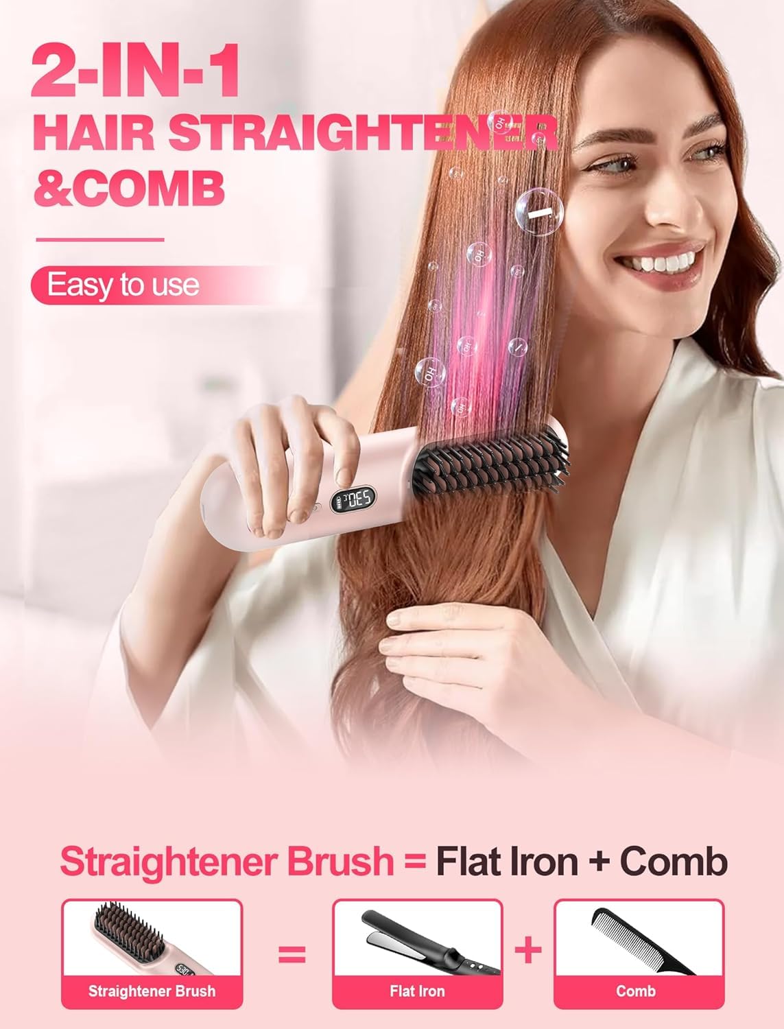 Cordless Hair Straightener Brush Go Brush Pro for Short Hair, Travel Hair Straightener with 20M Negative Ions, Rechargeable Straightening Brush, 30s Fast Heat, 12 Temp Settings, Anti-Scald, Pink