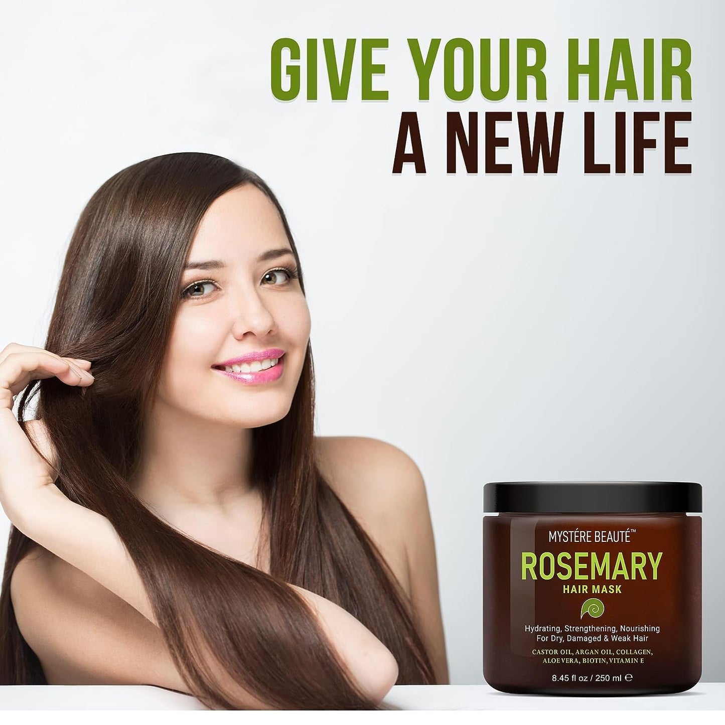 MYSTÉRE BEAUTÉ Rosemary Deep Conditioning Hair Mask for Dry Damaged Hair and Growth with Collagen Argan Oil - Rosemary Oil Leave in Conditioner aceite de romero puro y natural 8.5 fl oz x 2 Pack