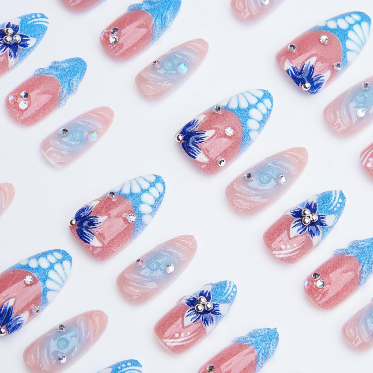 Press On Nails - 30Pcs Summer Blue Flower Design with Rhinestones | Medium Almond Reusable Acrylic Beach Vacation Nails