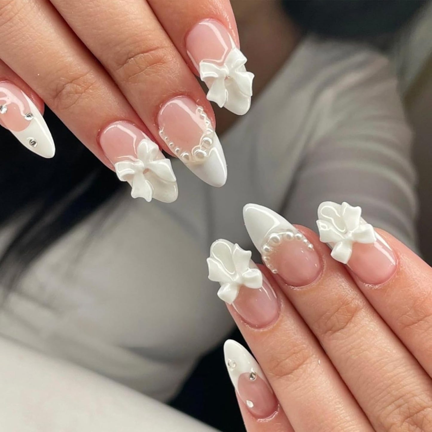 Handmade Press-On Nails - 30 Pcs Medium Almond Shape 3D Flower Design | Reusable Acrylic in Nude & White