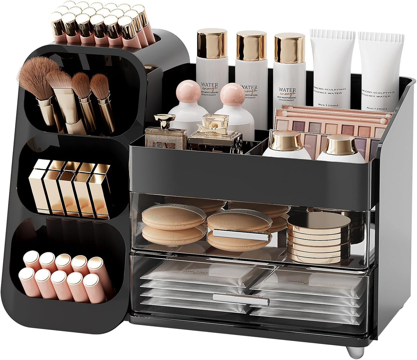 Makeup Organizer for Vanity - Large Capacity Skincare & Cosmetic Display Case with 2 Drawers | Brush Holder & Perfume Storage