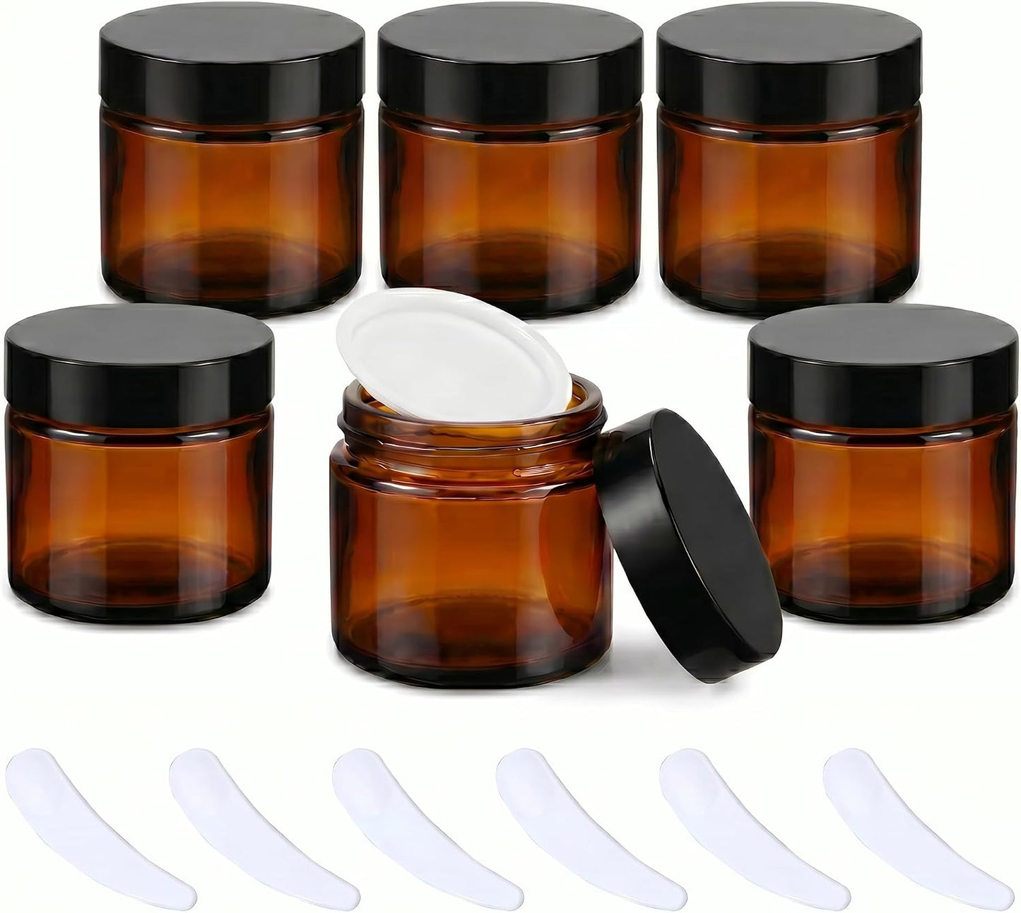 Amber Glass Jars - 45 Pack 2oz Small Lotion & Cosmetic Containers | Travel Jars with Lids & Mini Spoon