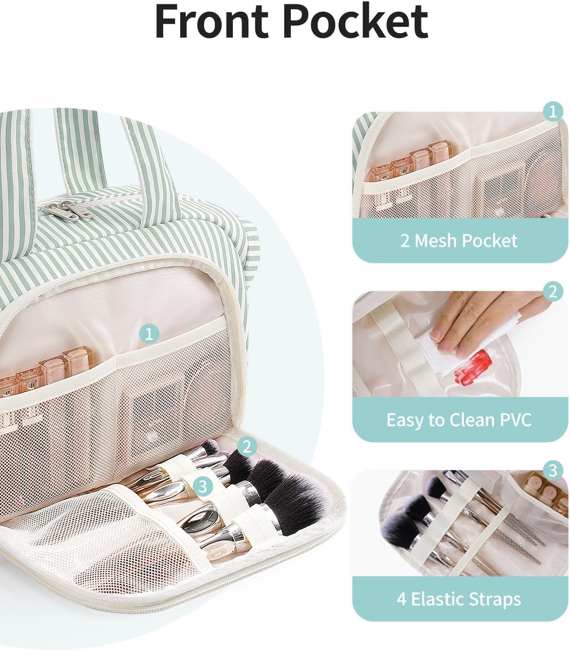Travel Toiletry Bag for Women - Large Makeup Organizer with Handle | Mint Green Stripe, Wet Pocket for Essentials