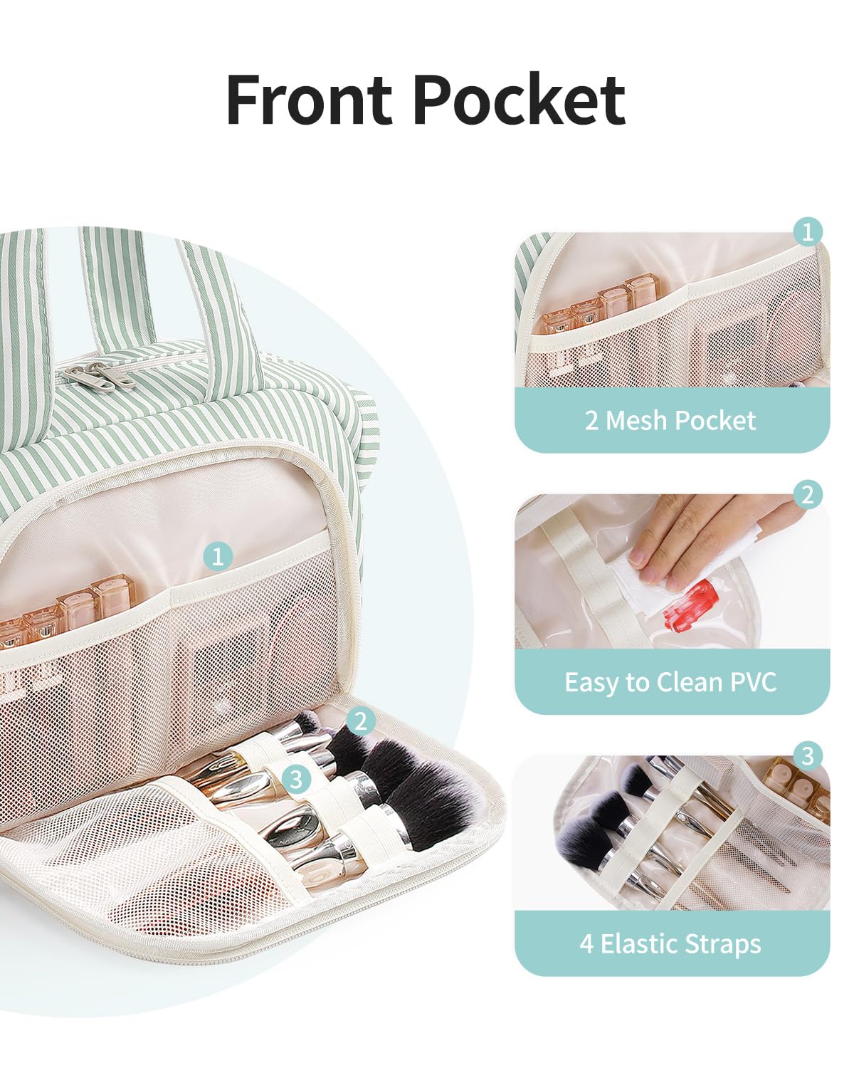 Narwey Travel Toiletry Bag for Women, Wide Open Large Makeup Bag, Cosmetic Bag Make Up Organizer with Handle, Wet Pocket for Towel, Travel Bag for Toiletries, Brushes, Essentials (Mint Green Stripe)