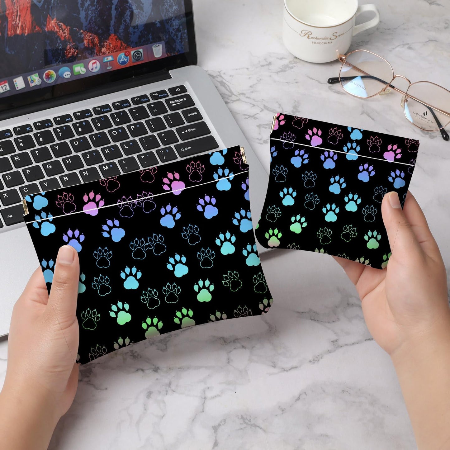 Luoycxy 2 PCS PU Leather Small Makeup Bag Set for Purse,No Zipper Self-closing Cosmetic Bag, Portable Coin Purse Lipstick Accessories Organizer Travel Toiletry Storage Pouch for Women,Dog paw print