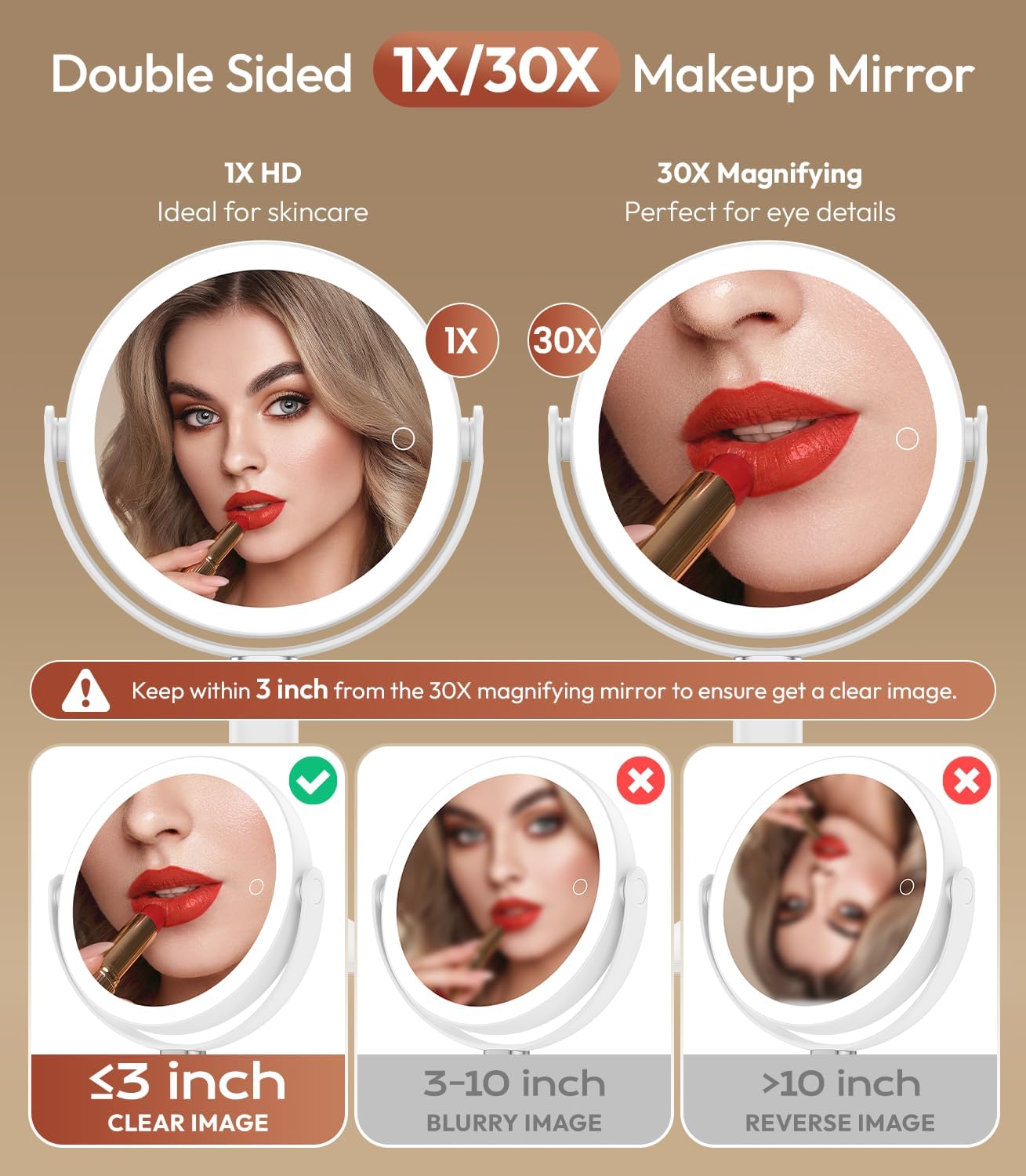 Lighted Makeup Mirror - 30X Magnifying Vanity Mirror with Adjustable Height & 3 Color Dimming | Rechargeable 4000mAh Battery
