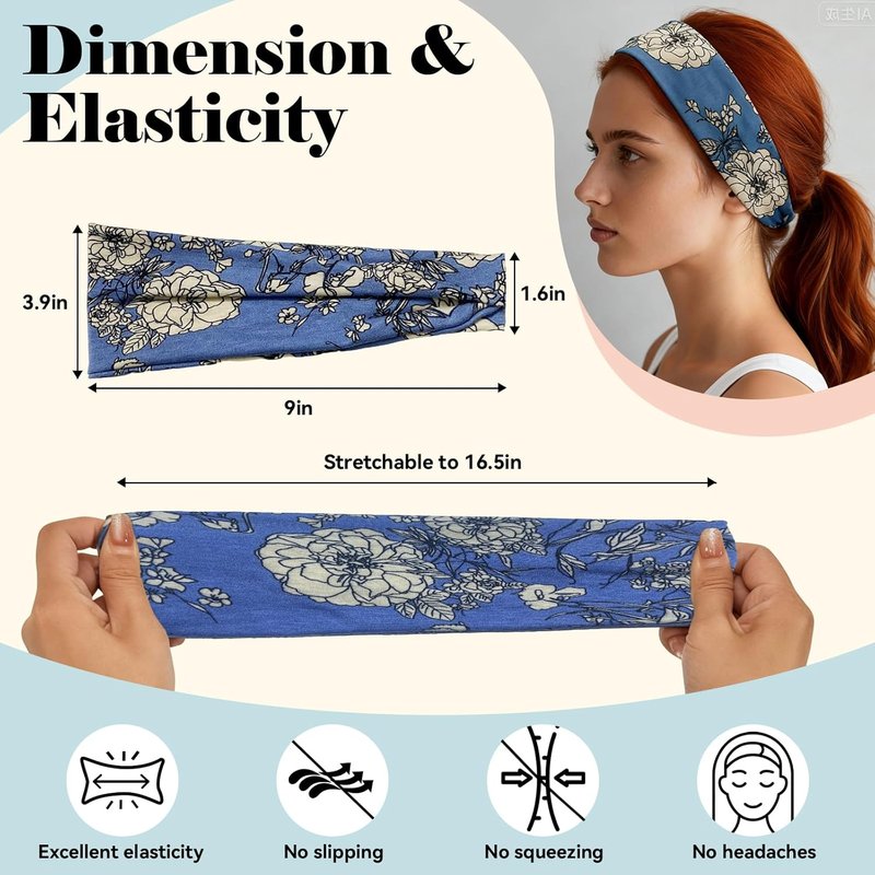 Floral Boho Headbands for Women - 6 Pack Elastic Non-Slip Hairbands | Comfortable Workout & Spa Accessories