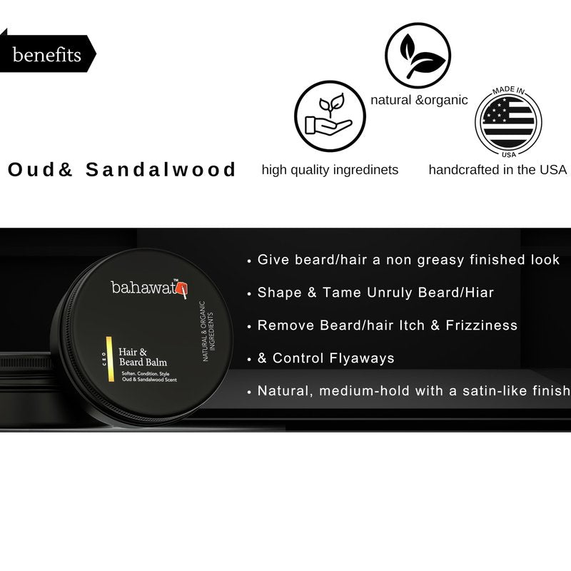 BAHAWAT Beard Balm Oud & Sandalwood - Styles, Strengthens & Softens Beards - Natural Beard Conditioner- ZERO GRIT Balm - reduces beard itch, 2 ounce