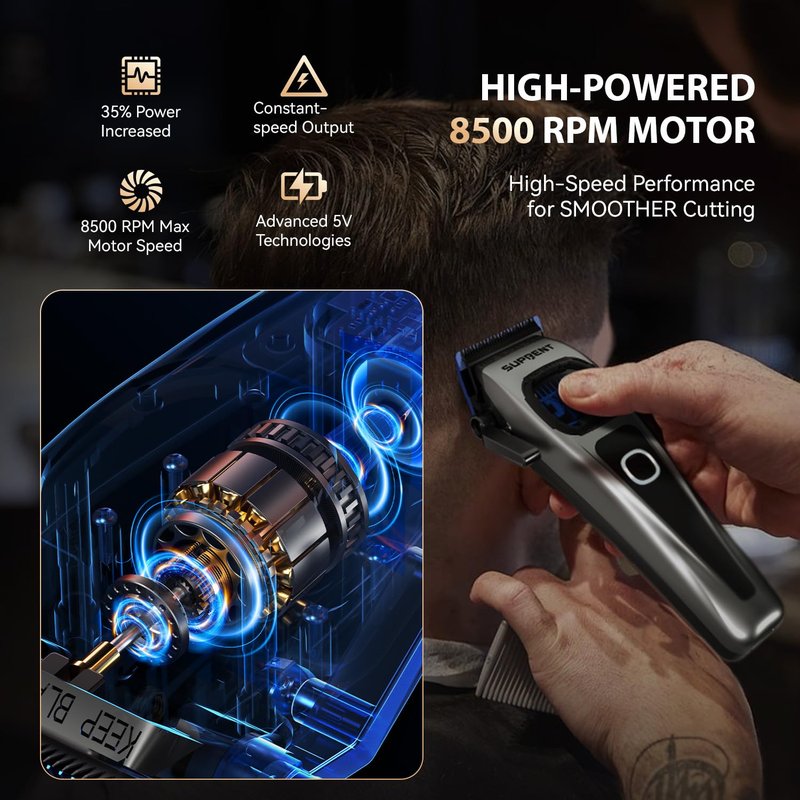 SUPRENT StormGray Professional Hair Clippers for Men - Cordless Barber Clippers & Zero-gapped Trimmer Set, Haircutting Kit with High Performance Motor, Blue Titanium-Coated Blades, Charging Stands
