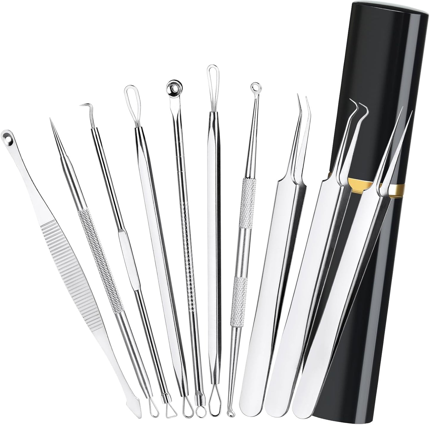 Pimple Popper Tool Kit - 10-Piece Blackhead Remover Set | Professional Comedone Extractors for Acne & Zit Removal, Metal Box Included (Silver)
