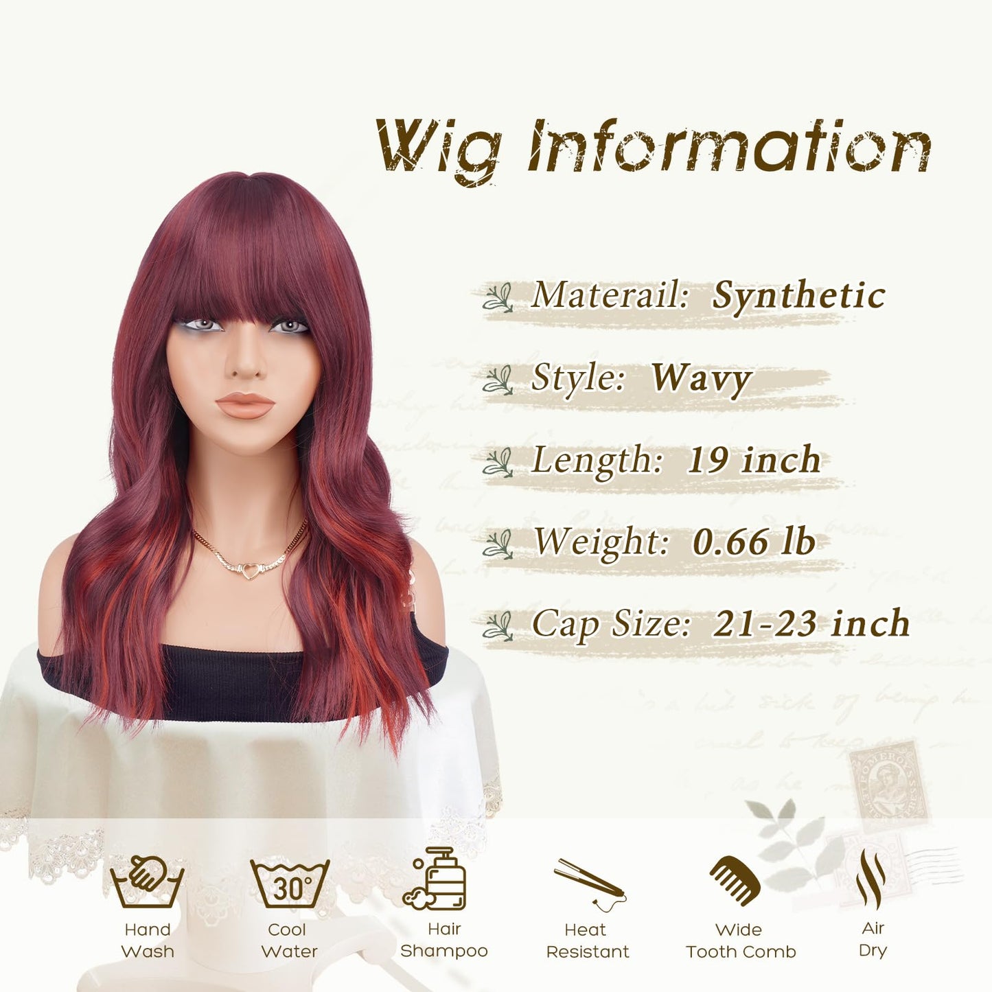 Haloo Red Wigs with Bangs - 19 Inch Natural Wavy Synthetic Heat Resistant Medium Length Hair Wigs for Women Daily Party, Mix Red