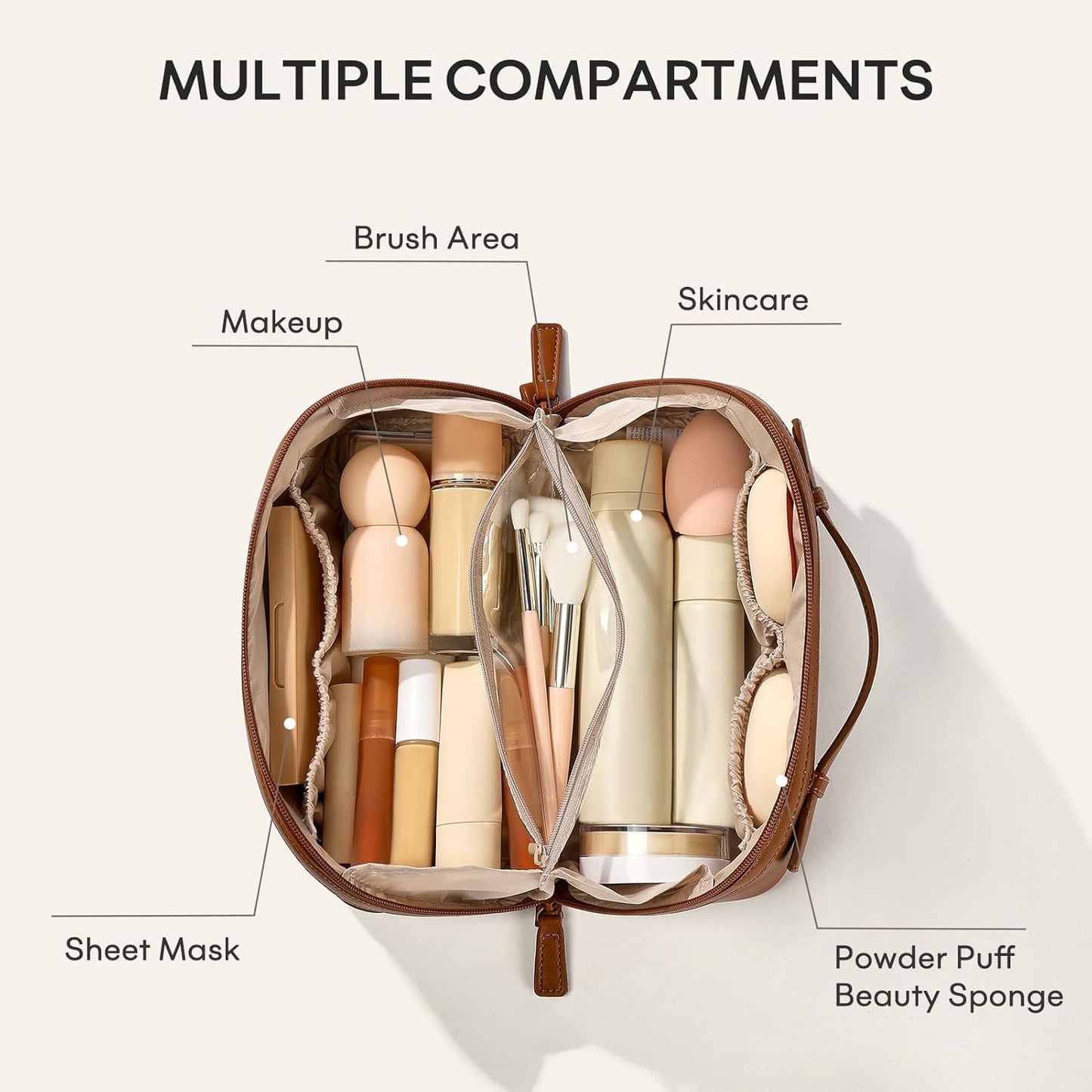 Travel Makeup Bag for Women - Large Capacity Waterproof PU Leather | Portable Cosmetic & Toiletry Organizer