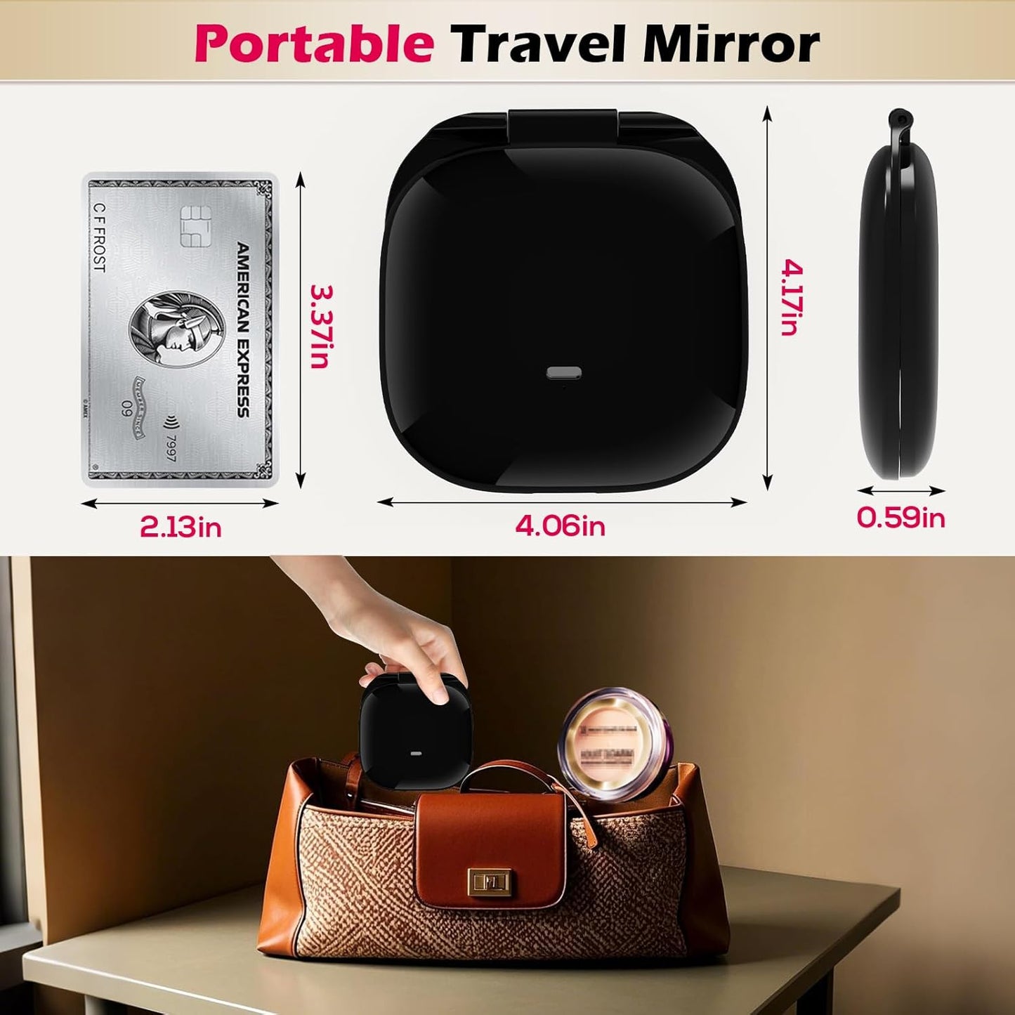 Lighted Travel Mirror - Adjustable Brightness, 1X/10X Magnification | Mini Dimmable Design for Handbag & Pocket (Black)
