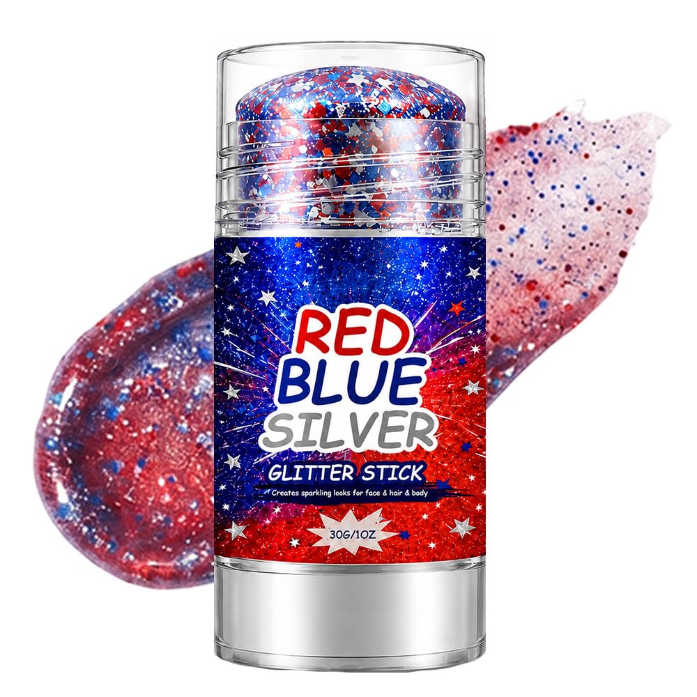 4th of July Glitter Stick, 2026 New Patriotic Hair Face Body Glitter Stick for Independence Memorial Day, Red White and Blue Body Glitter Stick Fourth of July Accessories Outfits for Women (A*1 PCS)