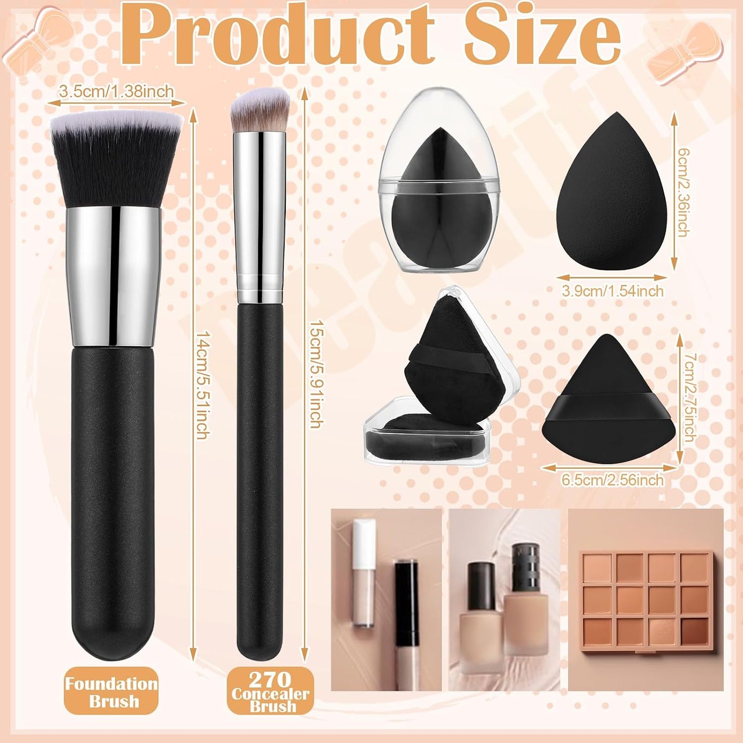 Foundation Brush Set - 6Pcs Liquid Makeup Brushes with Sponge & Powder Puff | Black