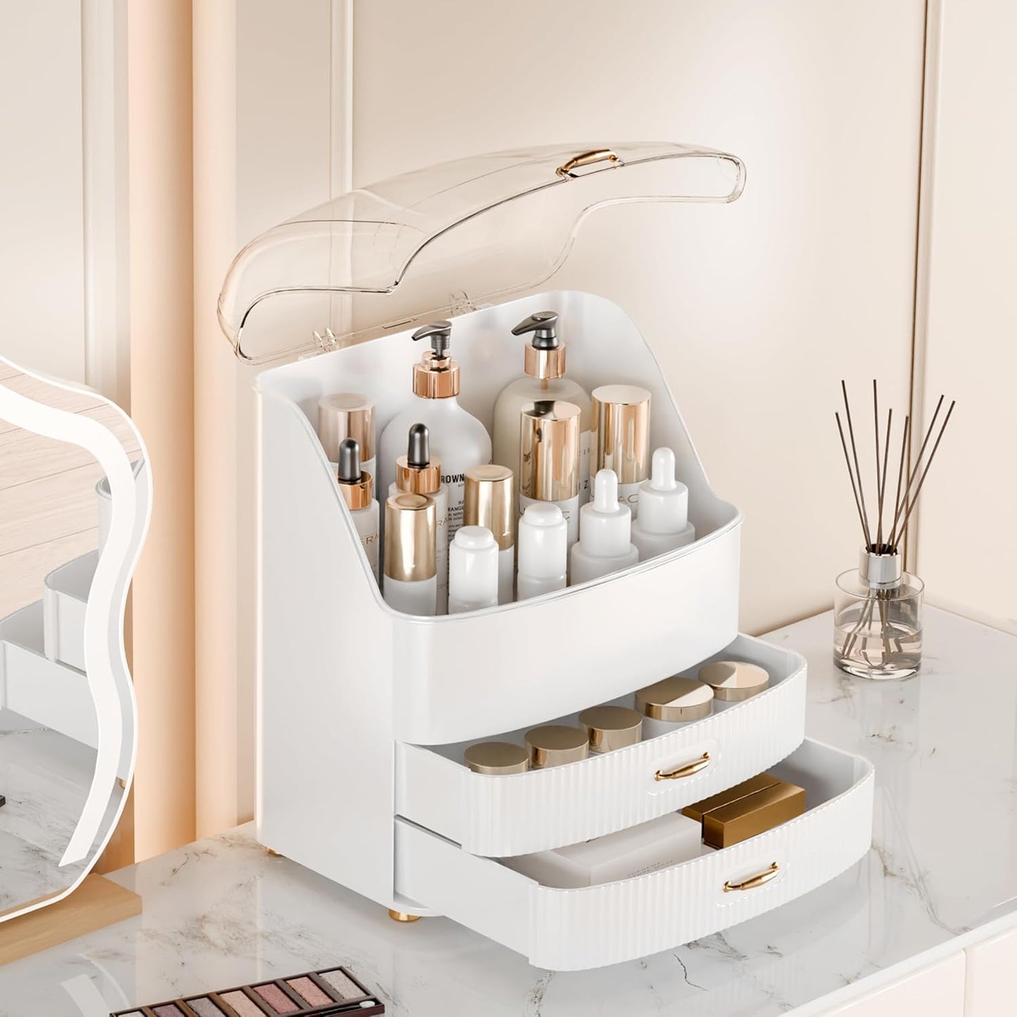 Makeup Organizer - Waterproof & Dustproof Vanity Storage with Transparent Lid | White Countertop Design for Cosmetics & Skincare