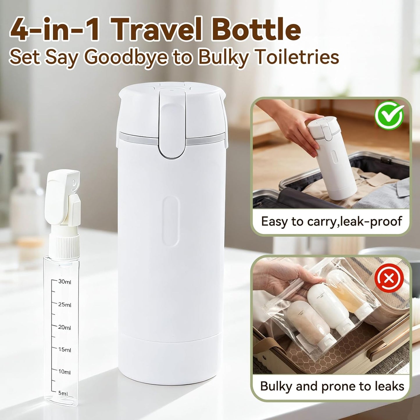 Travel Shampoo and Conditioner Dispenser - 4 in 1 Refillable Leak-Proof Toiletry Bottles | 120ML White
