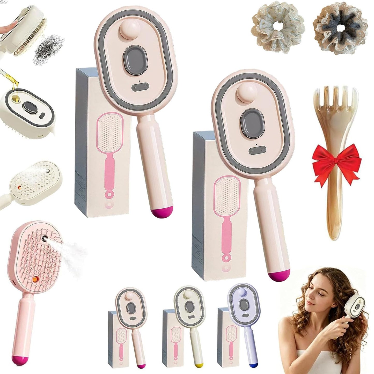 5 in 1 Air Cushion Hair Brush, Electric Spray Massage Comb, Preventing Drying and Tangling, Anti-Static Detangling Steaming Brush, for Curly, Straight, Thick, Thin, Long or Short Hair (Pink*2)