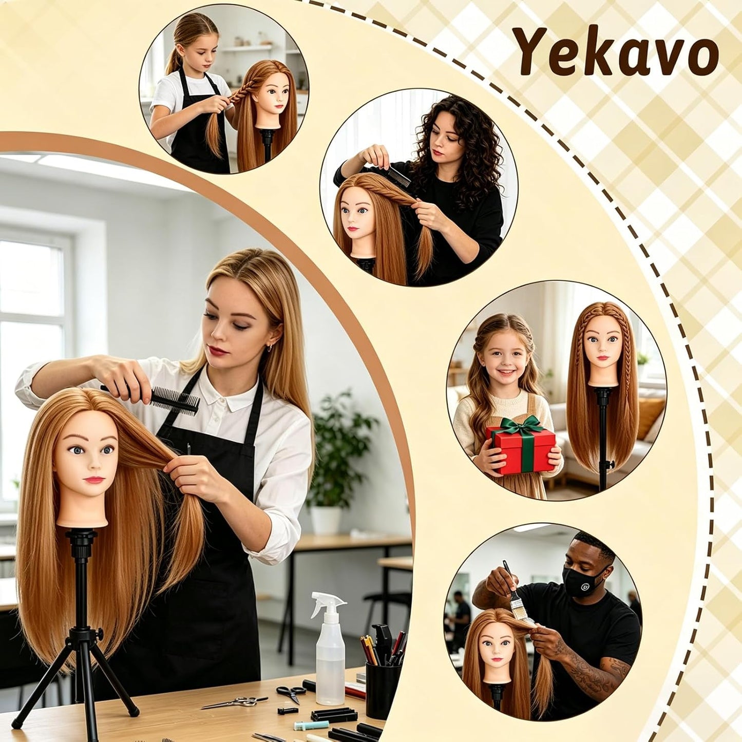 Mannequin Head - 90% Human Hair Styling Head for Cosmetology | 24" Hairdressing Training Doll with Table Clamp (Gold B)