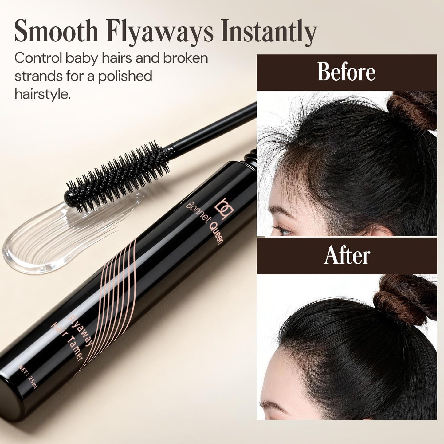 BONNET QUEEN Hair Finishing Stick for Flyaways & Baby Hairs, Non-Greasy Hair Mascara Wand, Slick Back Stick for Buns, Ponytails & Edges, Non-Sticky Flyaway Hair Tamer & Frizz Control Styling Gel, 25ml