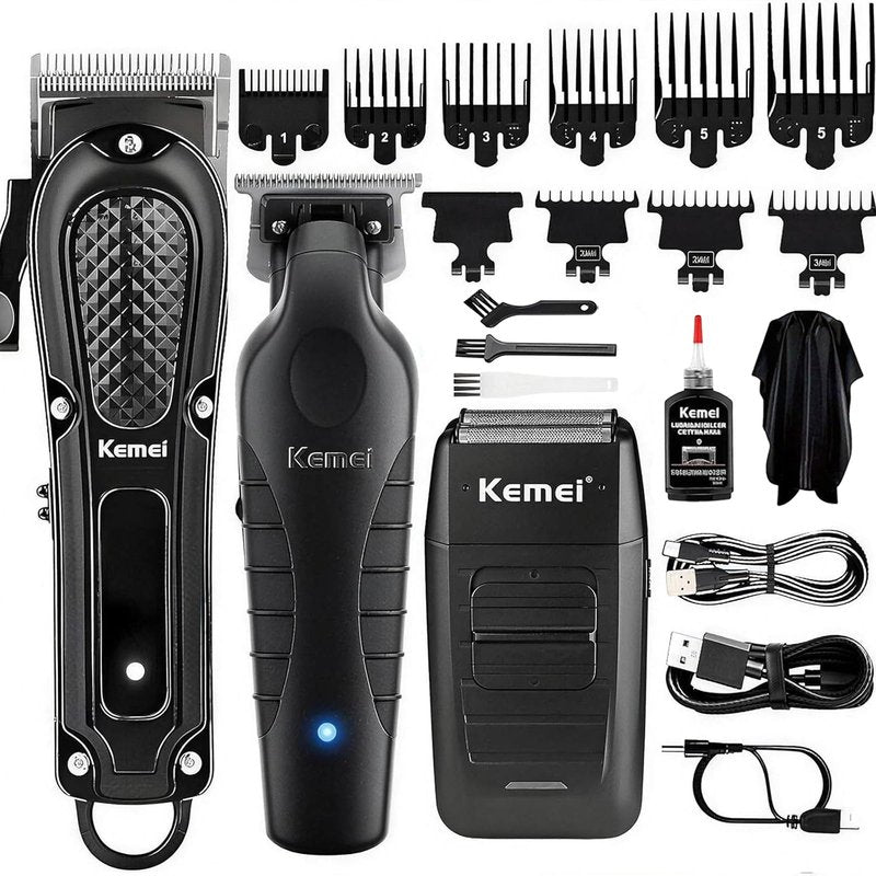 KEMEI Professional Hair Clippers for Men T-Blade Trimmer Zero Gapped, Cordless Beard Trimmer Kit with LED Display and Barber Cape, 3-Piece Set for Home Grooming