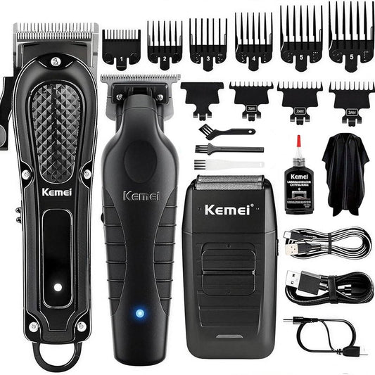 KEMEI Professional Hair Clippers for Men T-Blade Trimmer Zero Gapped, Cordless Beard Trimmer Kit with LED Display and Barber Cape, 3-Piece Set for Home Grooming