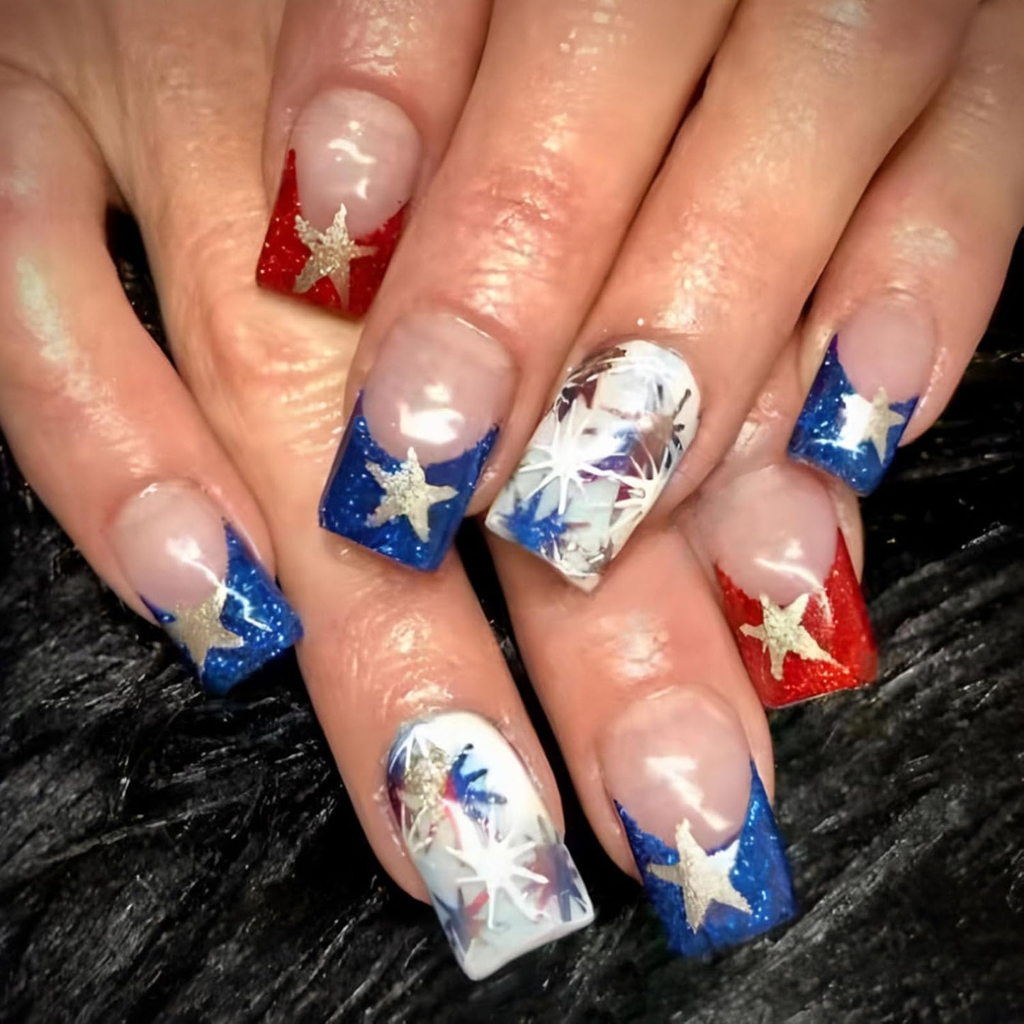 Press On Nails - Medium Square American Flag Glitter Design | 24Pcs Red, Blue & Gold 4th of July Fake Nails