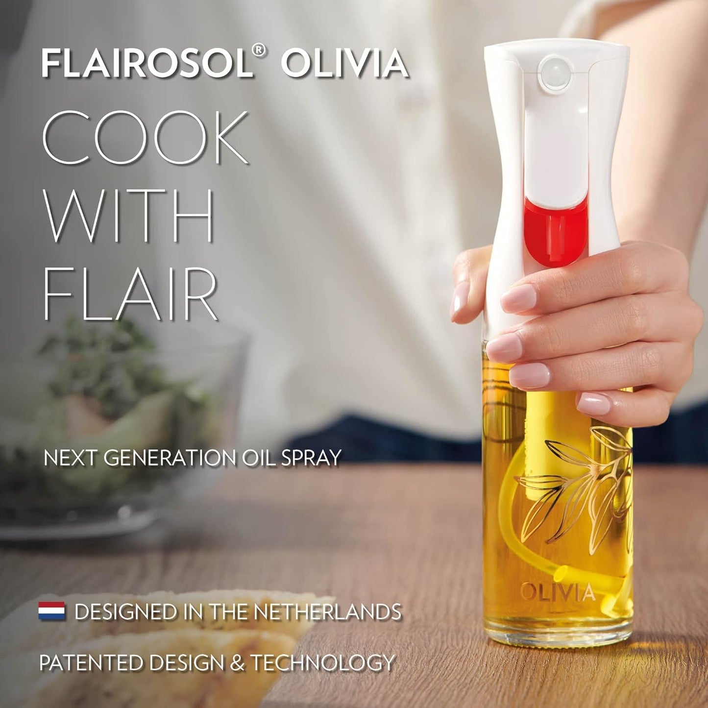 Advanced Kitchen Oil Sprayer - Flairosol Technology for Fine Mist & Portion Control | Refillable Glass Olive Oil Bottle, 130ml (Golden Leaves)