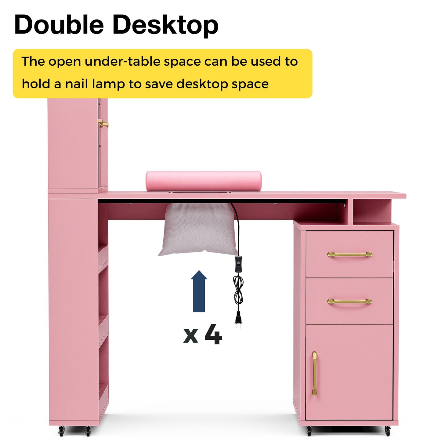 Kikihouse Manicure Table Nail Desk for Nail Tech w/Glass Door Storage Cabinets & Wrist Rest, Beauty Salon Nail Supplies Decor Workstation Acetone Resistant, with Dust Collector (Pink)